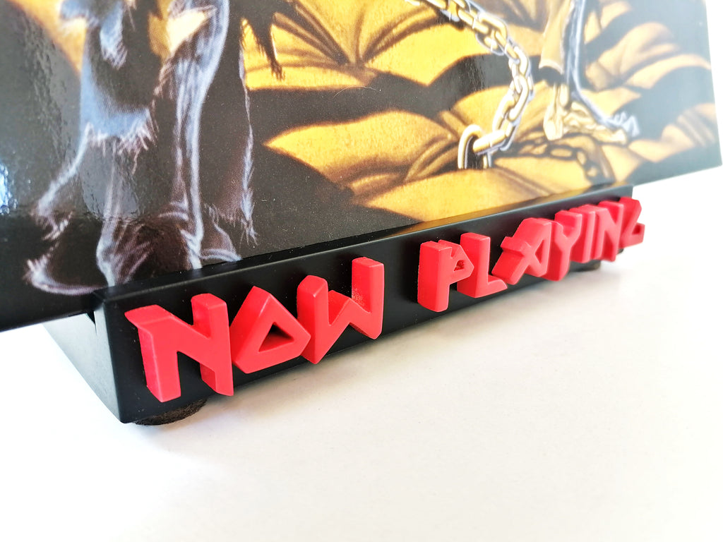 Now Playing Vinyl Record stand - Iron Maiden font