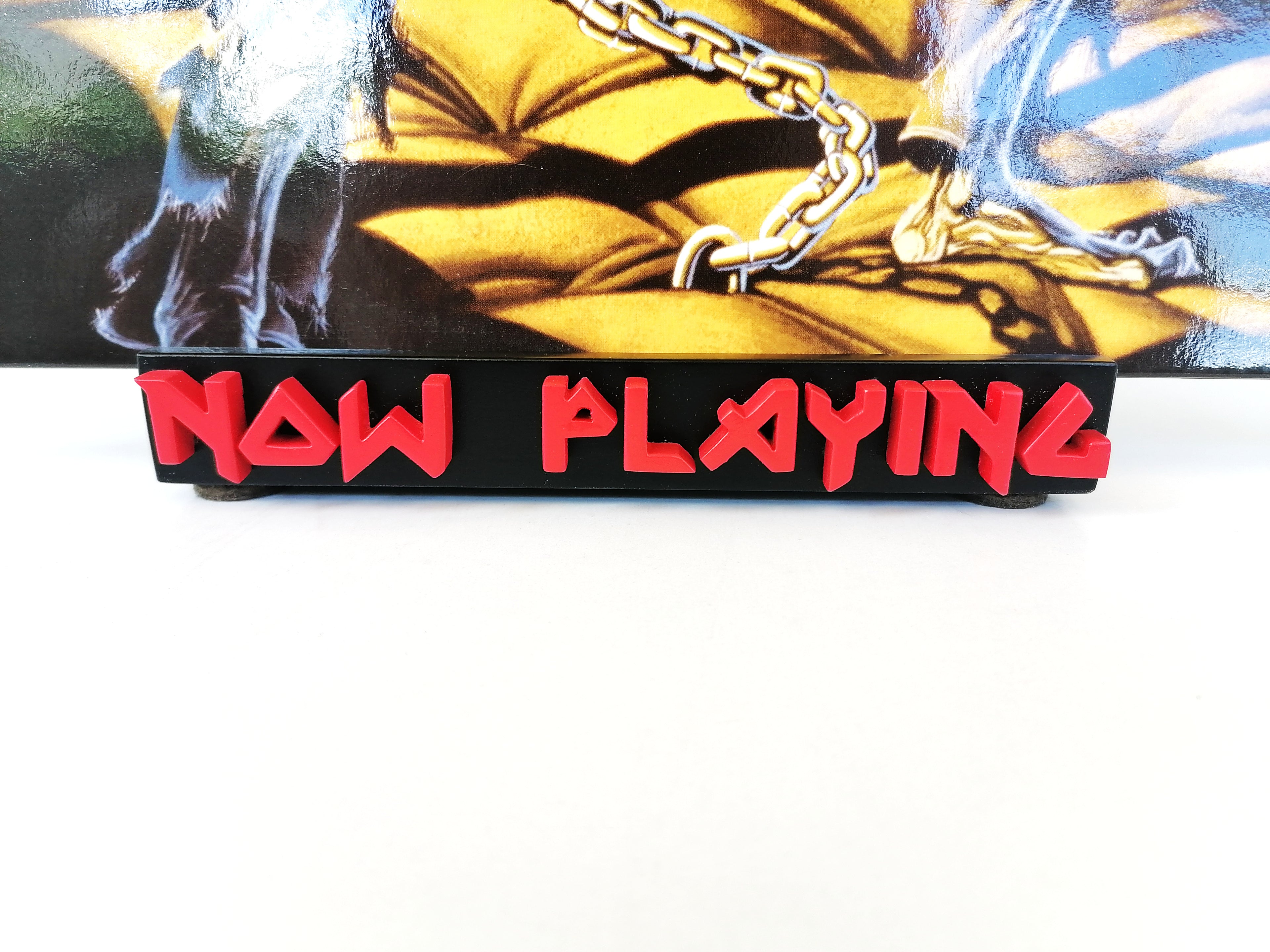 Now Playing Vinyl Record stand - Iron Maiden font