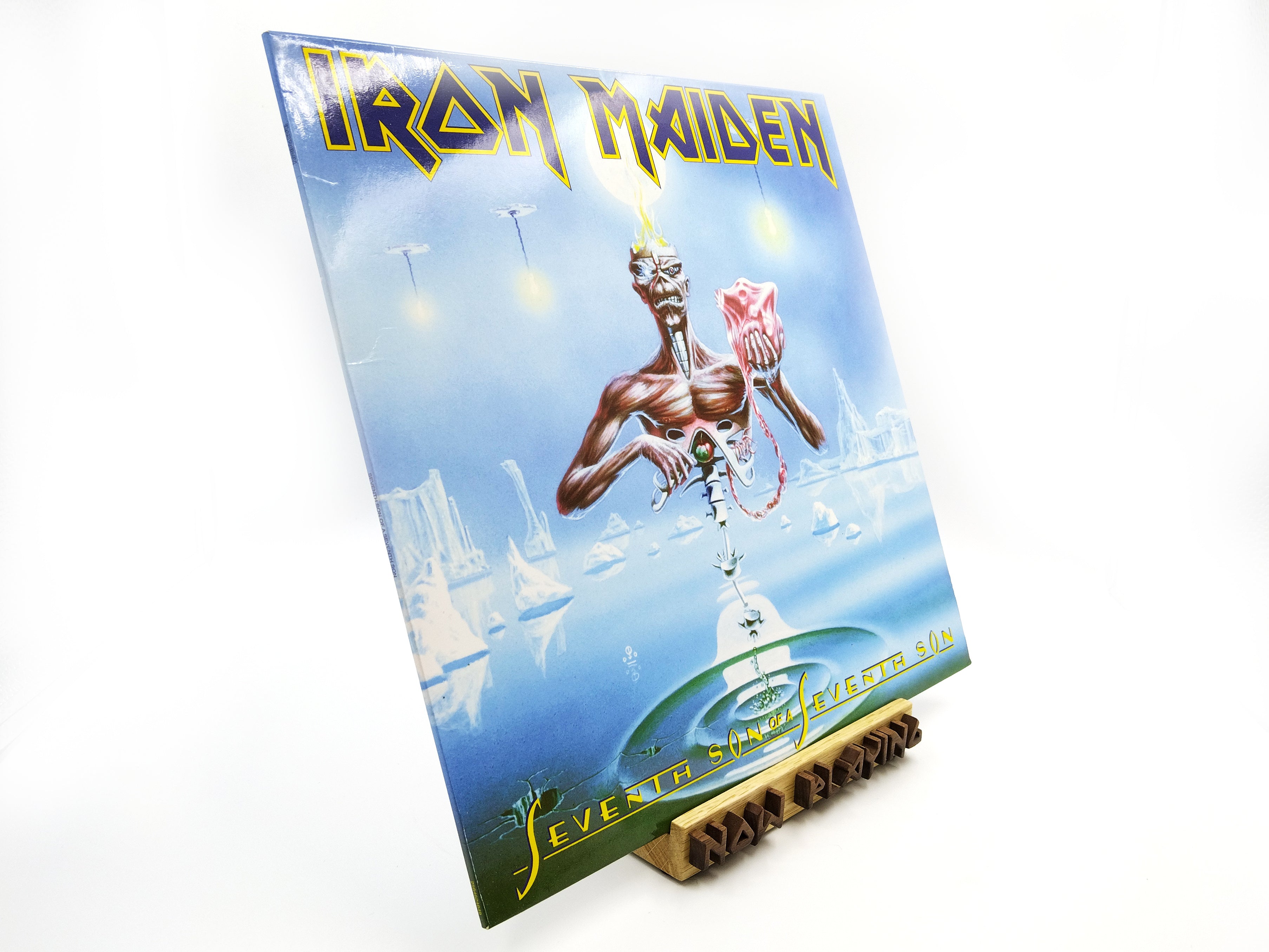 Now Playing Vinyl Record stand - Oak & walnut Iron Maiden font