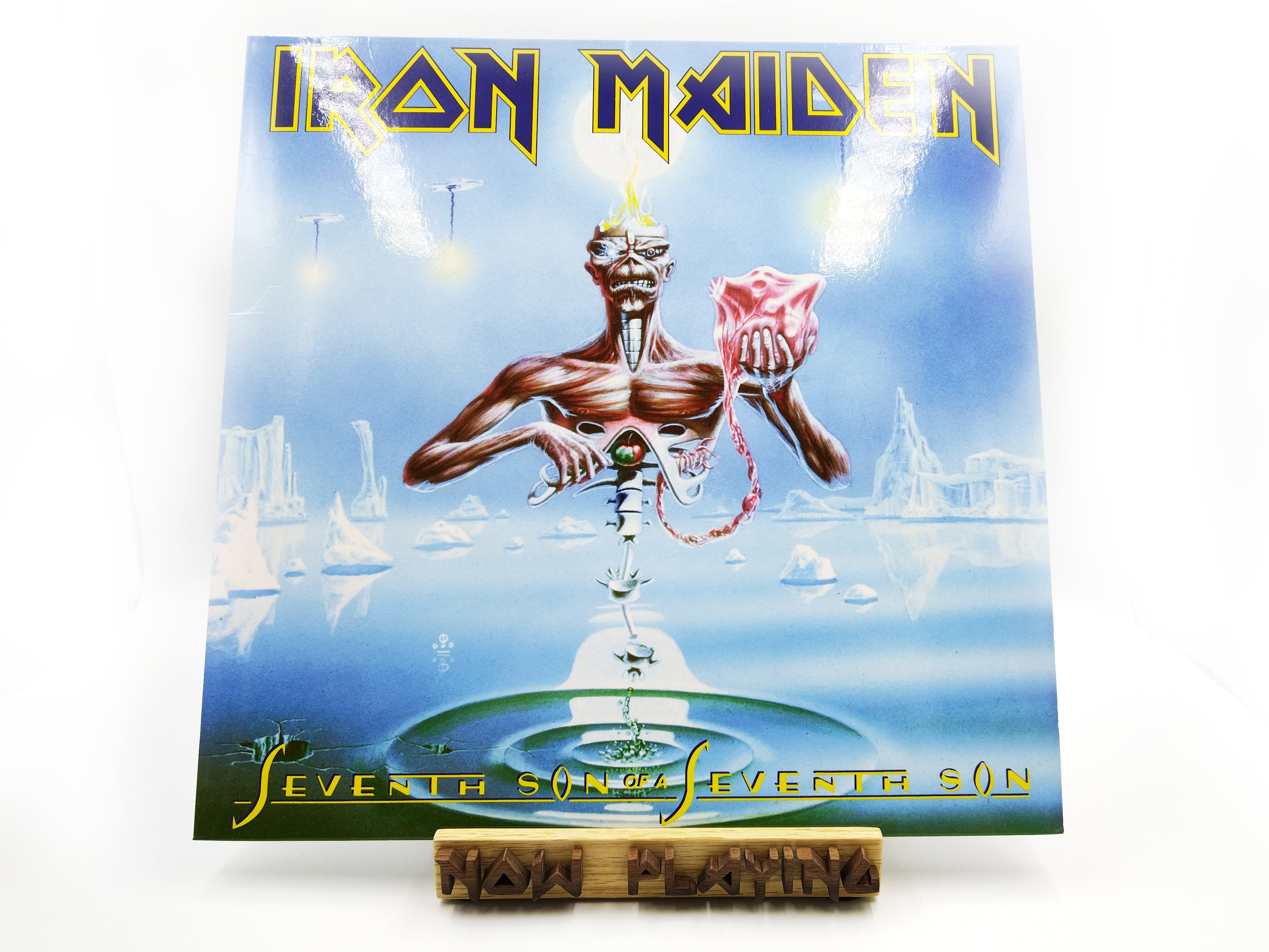 Now Playing Vinyl Record stand - Oak & walnut Iron Maiden font