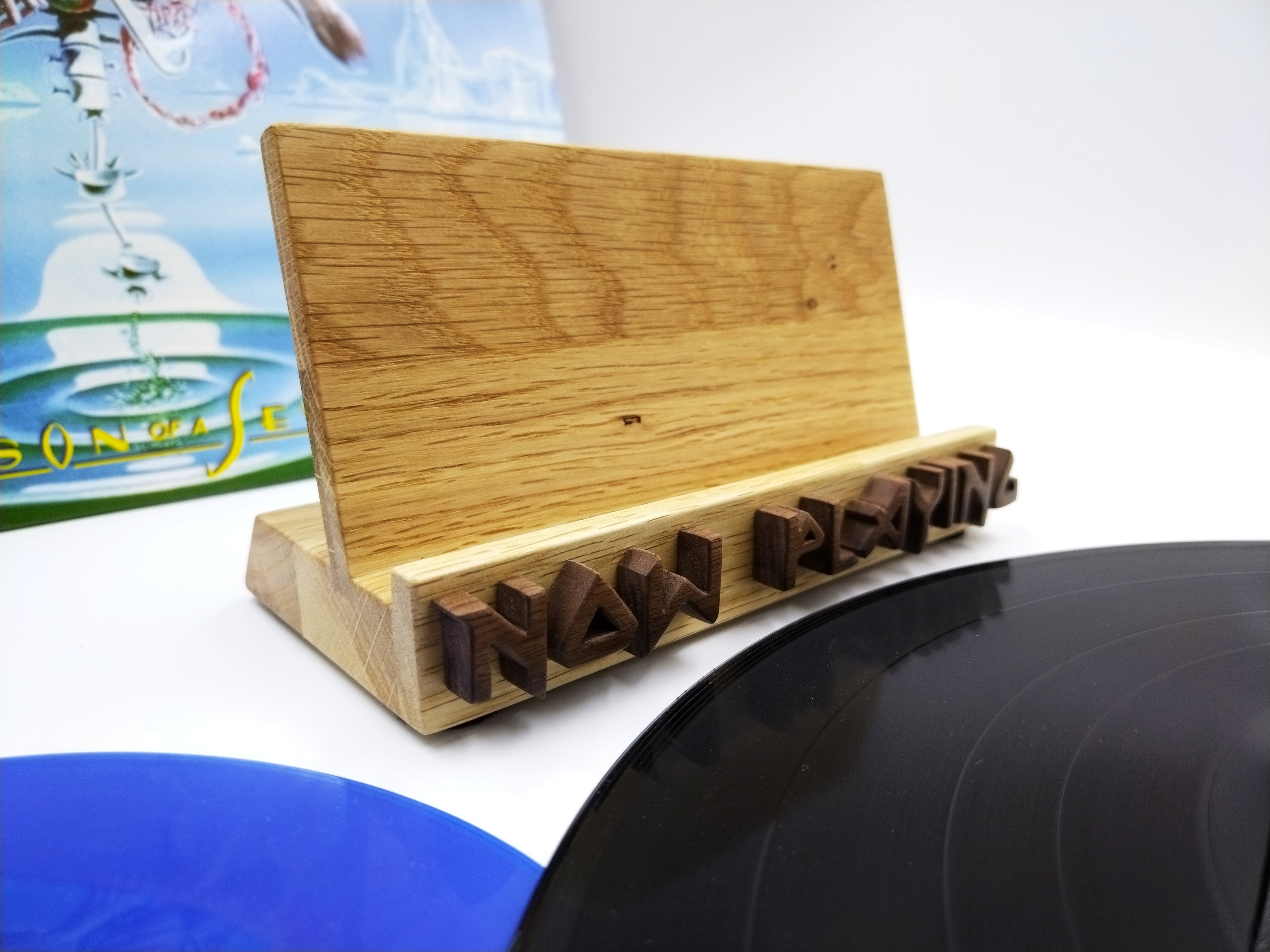 Now Playing Vinyl Record stand - Oak & walnut Iron Maiden font